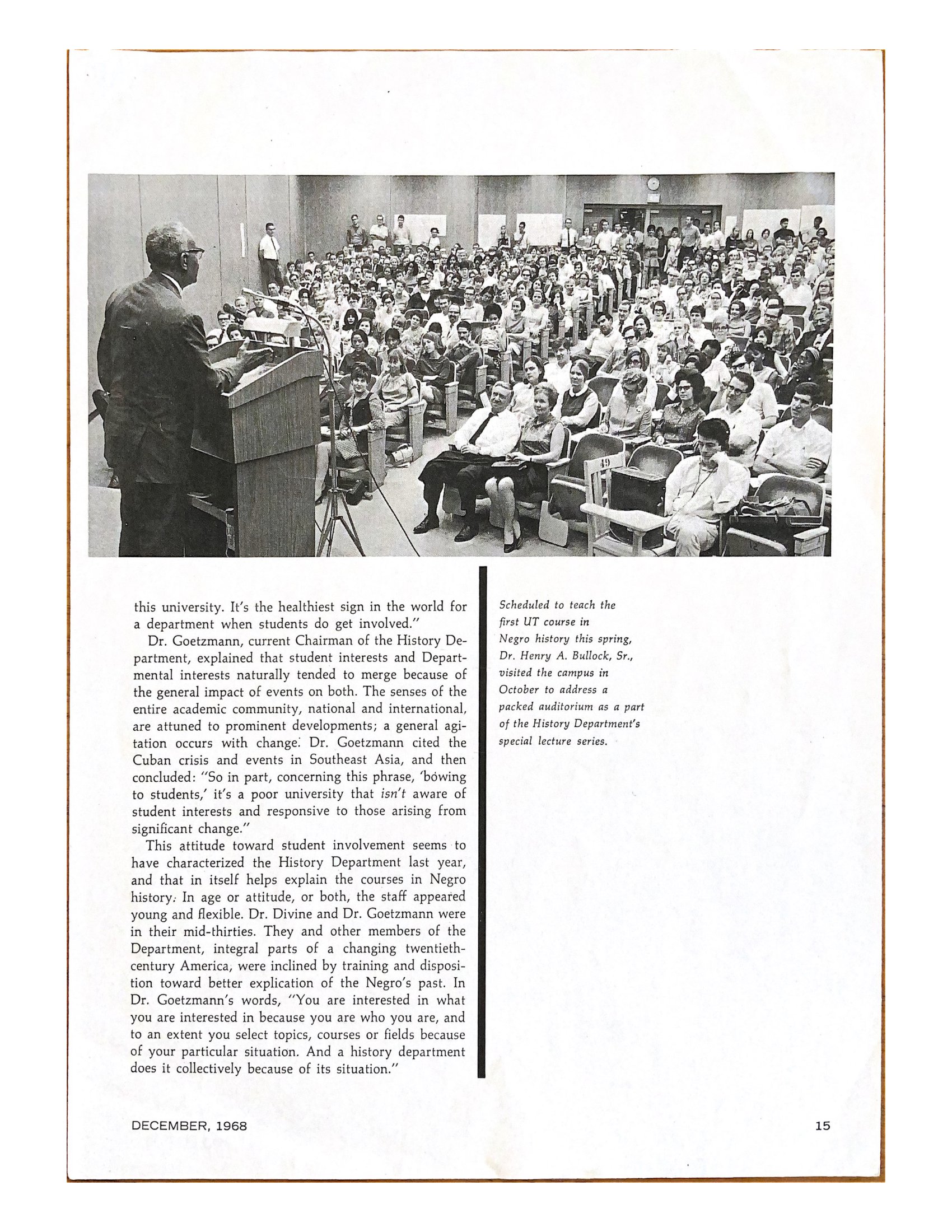 page 15 from a book dated December 1968. at the top of the page is a photo of a professor standing at a podium in from of a lecture room full of people